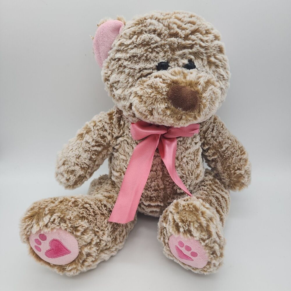 Animal Adventure Valentines Bear Plush 13” Frosted Brown Fur Pink Bow Heart Feet